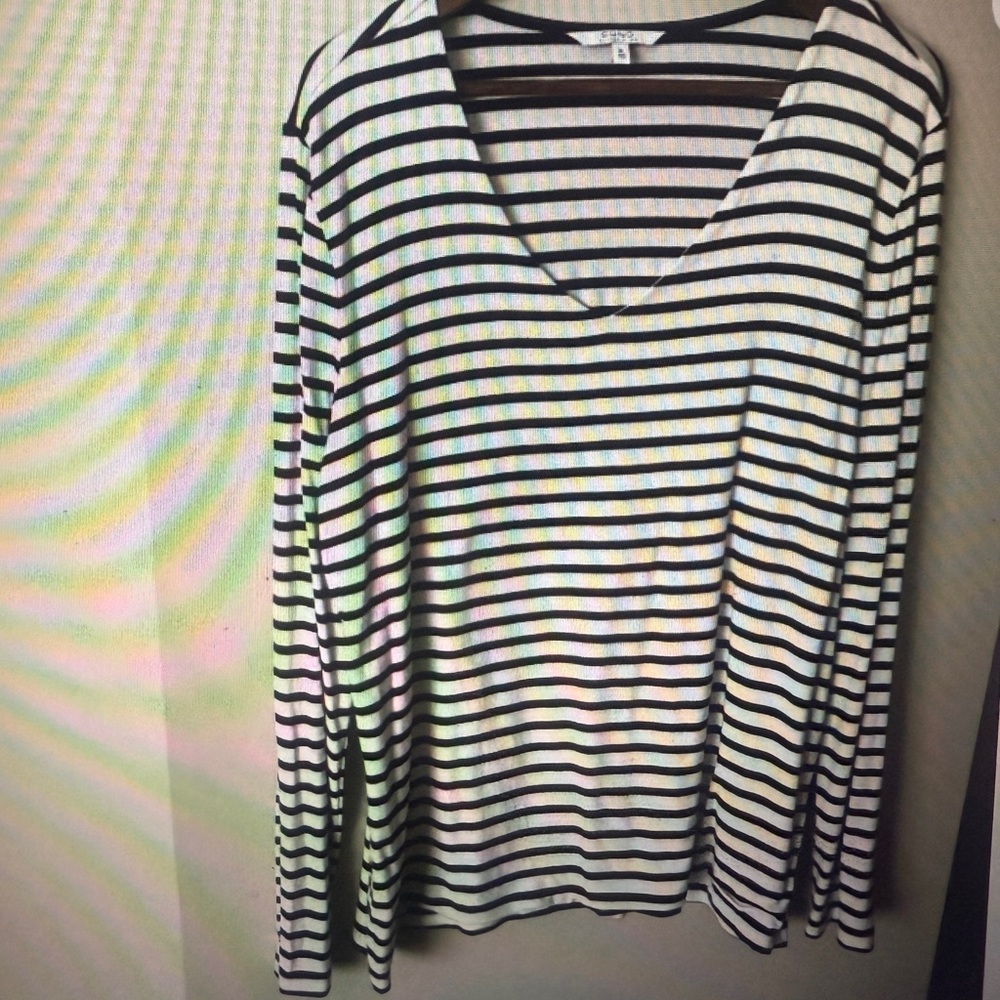 Alfred Sung Long Sleeve V Neck Lined Black White Stripes Top Size: XL